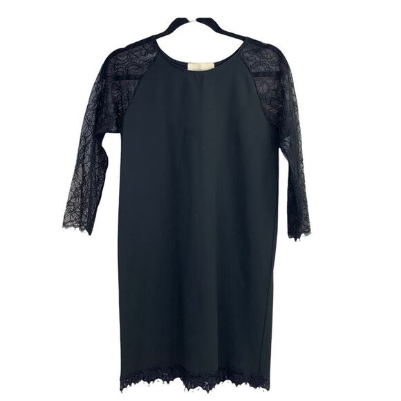 Loyd/Ford | Size 2 | Black Lace 3/4 Sleeve Scalloped Hem Mini Shift Dress - Picture 2 of 10